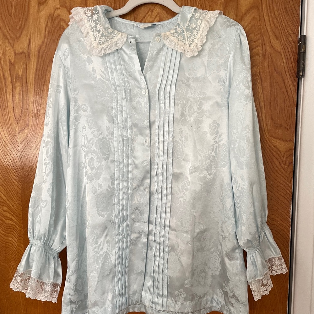 New York Eve Stillman Couture Baby Blue Vintage Blouse Pajama Nightwear